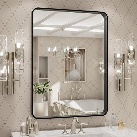 LOAAO 24X32 Inch Black Metal Framed Bathroom Mirror for Wall, Matte Black Bathroom Vanity Mirror Farmhouse, Large Rounded Rectangle Mirror, Anti-Rust, Hangs Horizontally or Vertically