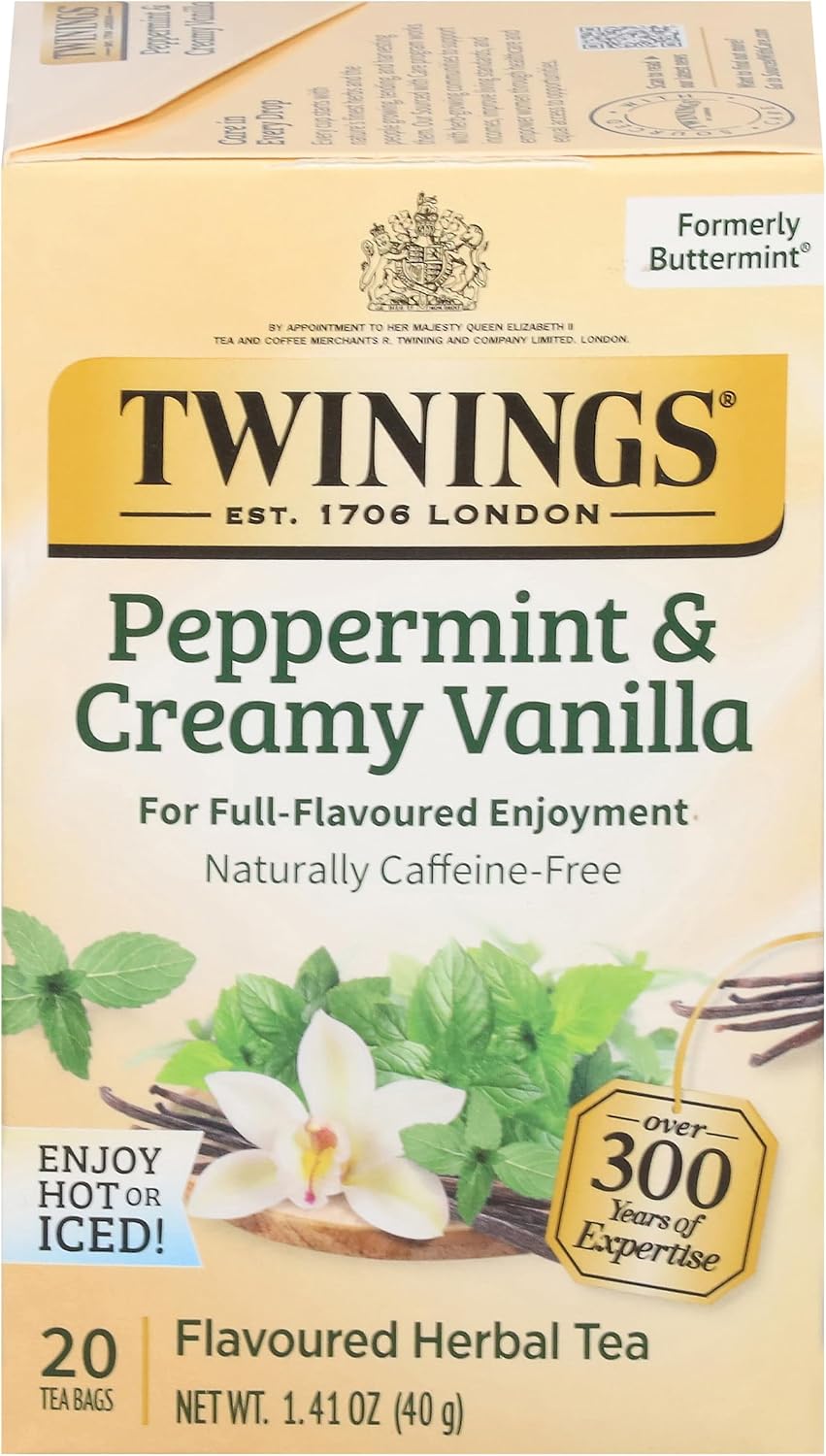 Twinings Peppermint & Creamy Vanilla Herbal Tea Individually Wrapped Bags, 20 Count (Pack of 1), Formerly Buttermint, Naturally Caffeine-Free, Enjoy Hot or Iced, 20 Teabags