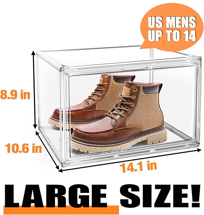 10 Pack Crystal Clear Acrylic Shoe Box Size 15, Stackable Sneaker Display Case with Magnetic Door, Dustproof Shoe Organizer for Shoes Toy Hat Collectible Storage in Entryway, Hallway, Closet, Underbed