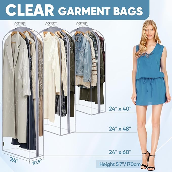 BALEINE 48'' Clear Garment Bags, 10.5'' Wide PEVA Suit Bag for Closet Clothes Dresses Suit Coats Storage (Clear, 3PK)