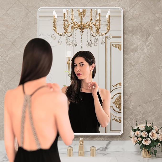 LOAAO 24x36 Inch White Metal Framed Bathroom Mirror for Wall, White Bathroom Vanity Mirror Farmhouse, Large Rounded Rectangle Mirror, Anti-Rust, Hangs Horizontally or Vertically