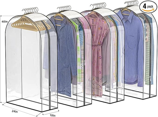 Upgraded Thickened Clear Garment Bags for Hanging Clothes 4 Packs, 10â Gusseted and 40" Clothes Protectors for Hanging Clothes for Closet, Shirts, Coats, Dresses