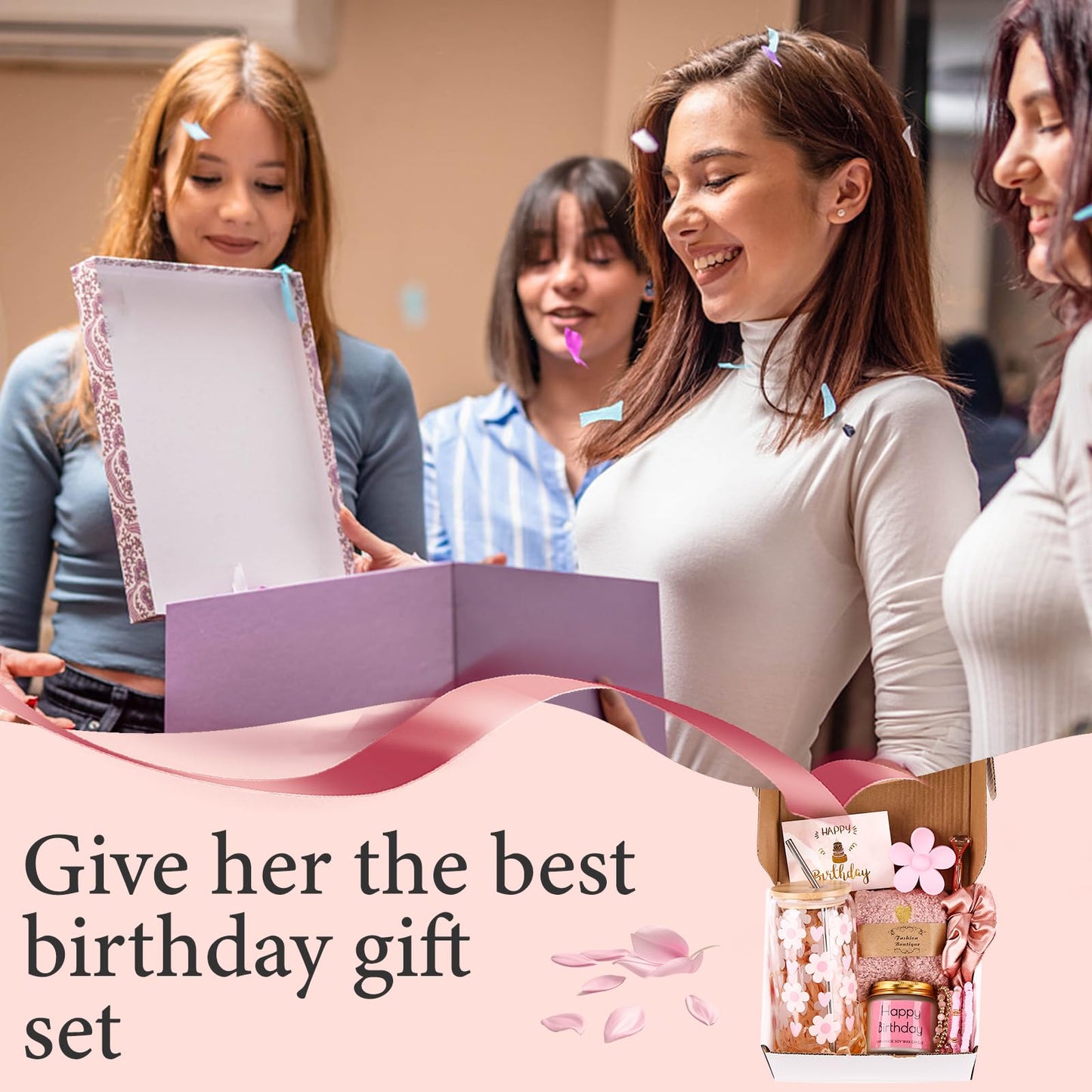Birthday Gifts for Teen, Cute Inspirational Gift Daisy Presents Set Ideas for Sister Daughter Friends, Happy Birthday Gift Basket with Ice Glass Cup for Her (Pink)