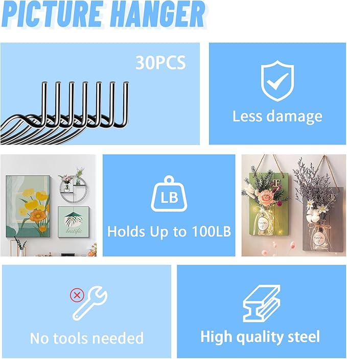 FURHUA 30pcs Black Super Hook Picture Hangers and Office Pack, Drywall Hooks for Hanging Pictures, Wall Hooks, Picture Hangers, Picture Hanging Kit，Hang Art, Clock, Shelves, Mirrors