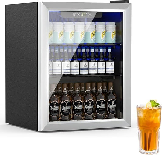 Compact Beverage Refrigerator,76 Can/1.7 Cubic Feet Fridge with Glass Front Door for Soda, Beer or Wine, Under Counter Small Refrigerator with Adjustable Shelve & Digital Display