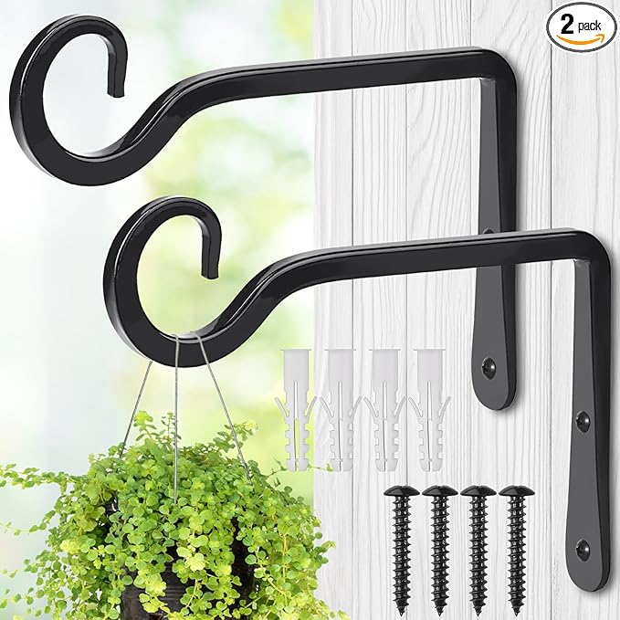 MOWPOG Plant Hangers Outdoor, 2 Pack 6 Inch Hanging Plant Bracket, Metal Hanging Plant Hooks, Wall Hooks for Hanging Plants, Bird Feeder, Flower Basket, Wind Chimes, Indoor Outdoor (Black)