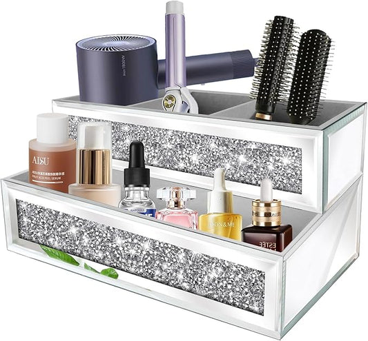 Mirror Hair Dryer Holder Upgrade Crystal Crush Diamond Hair Tool Organizer Wall Mount. Silver Bathroom Cabinet Tray for Blow Dryers, Hairdryer Straightener, Makeup,Brushes .(10.5âx7âx5â)