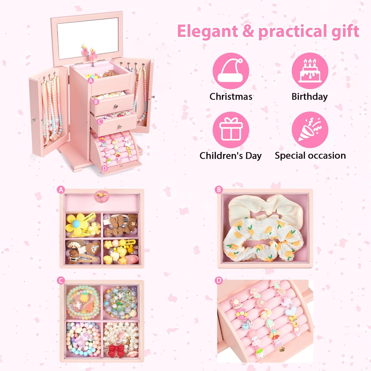 Musical Jewelry Box for Girls, Large Kid Music Box with Ballerina for Birthday Bedroom Decor, 5 Layer Girl Jewelry Gifts for Girls Kids - Pink