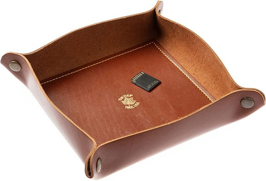 USA Handmade Premium Leather Valet Tray, Folds Flat! Dice Rolling Basket and Organizer with Brass Snaps (Chestnut Gold, Large)