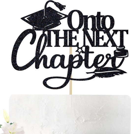 Onto The Next Chapter Cake Topper, Adventure Awaits/The Beginning of A New Chapter, 2026 Graduation Party Decorations Supplies for Boys Girls, Black Glitter