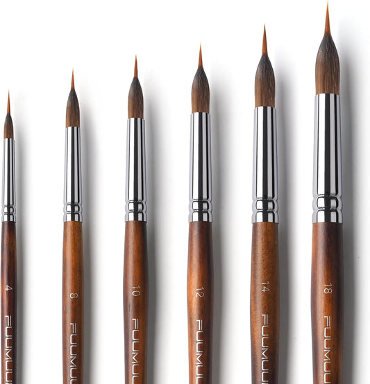 Watercolor Brushes Professional, Fuumuui 6Pcs Extended Needle Point Brushes Synthetic Extra Long Pinhead Brush with Sable Body for Fine Detailing - Watercolor Acrylic Gouache Inks Painting