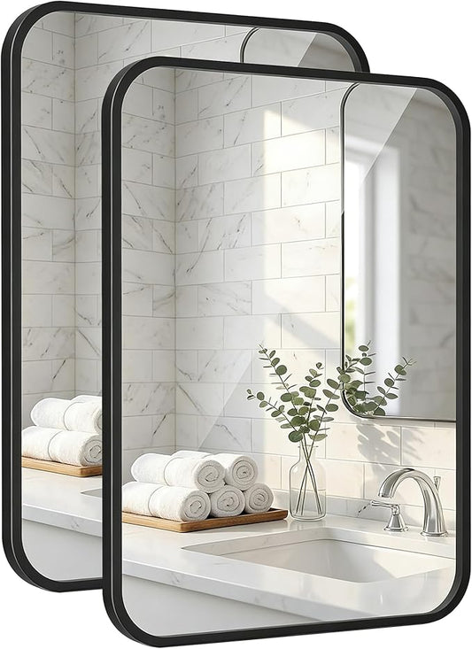 2 Pack Bathroom Mirrors for Over Sink, 22"x30" Matte Black Framed Vanity Mirror, Rounded Corner Rectangular Metal Mirror for Wall, Modern Farmhouse Industrial Decor