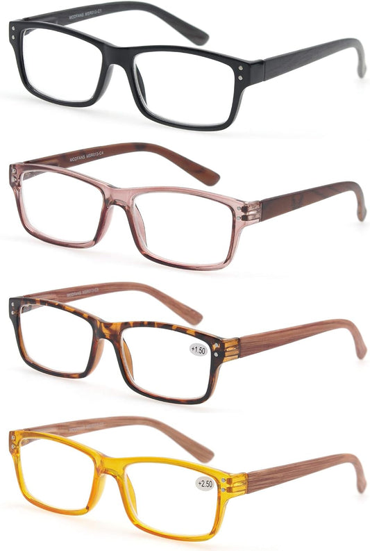 MODFANS Reading Glasses 4-Pack Wood Look Printed Arms Readers Classic with Spring Hinges for Men and Women +3.00