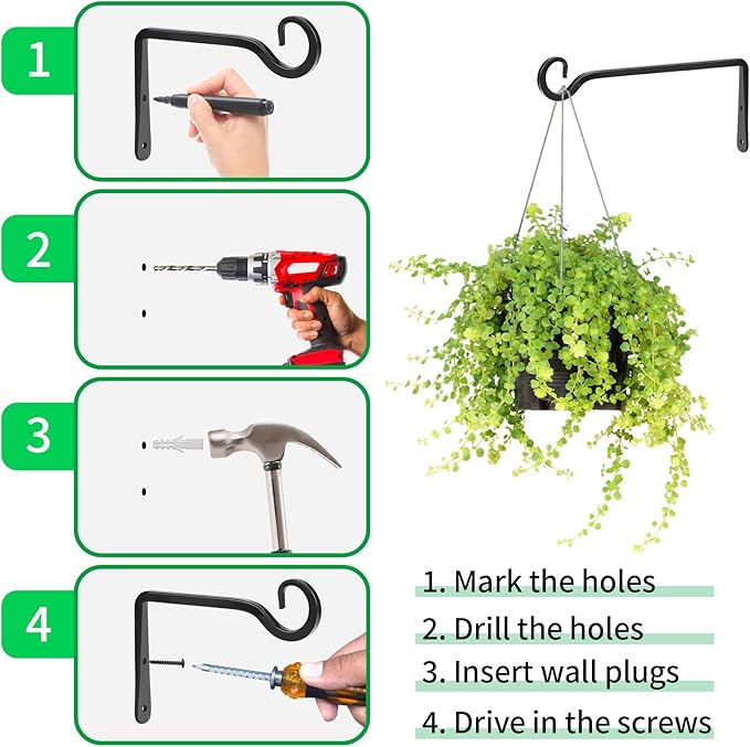 MOWPOG Metal Hanging Plant Hooks, 2 Pack 10 Inch Wall Hooks for Hanging Plants, Bird Feeder, Flower Basket, Wind Chimes, Indoor Outdoor (Black)