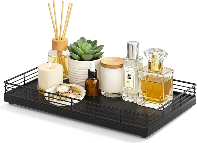 Large Bathroom Vanity Tray â 13" x 8" Oak Decorative Wooden Tray for Bathroom Countertop & Vanity Organizer, Rectangular Wood Tray for Perfume, Skincare, Storage, Vanity Dresser Counter Decor, Black