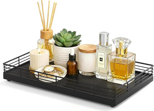 Large Bathroom Vanity Tray â 13" x 8" Oak Decorative Wooden Tray for Bathroom Countertop & Vanity Organizer, Rectangular Wood Tray for Perfume, Skincare, Storage, Vanity Dresser Counter Decor, Black