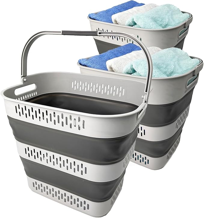 SAMMART 40L (10.5 Gallon) Collapsible Plastic Laundry Basket - Foldable Pop-Up Storage Container/Organizer â Portable Space Saving Laundry Hamper (3, Grey)