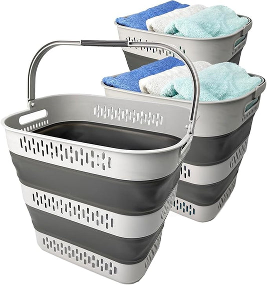 SAMMART 40L (10.5 Gallon) Collapsible Plastic Laundry Basket - Foldable Pop-Up Storage Container/Organizer â Portable Space Saving Laundry Hamper (3, Grey)