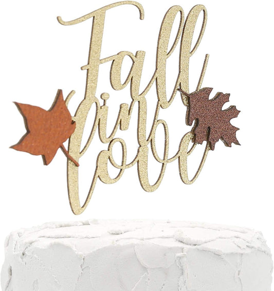 Cake Topper - Fall in love - Double Sided gold glitter with fall colors leaves - Premium quality Made in USA