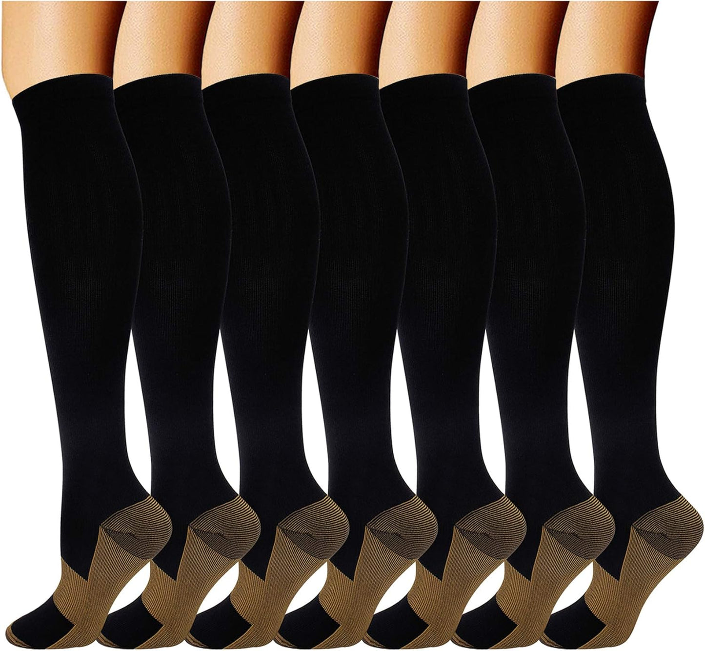 Double Couple 7 Pairs Copper Compression Socks for Men Women 20-30 mmHg Knee High Stockings Best Support for Sports