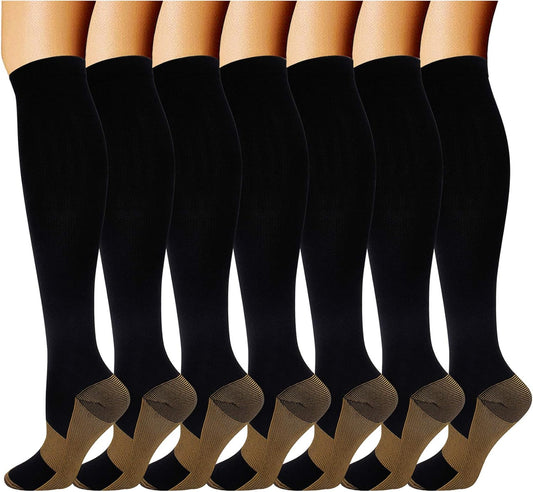Double Couple 7 Pairs Copper Compression Socks for Men Women 20-30 mmHg Knee High Stockings Best Support for Sports