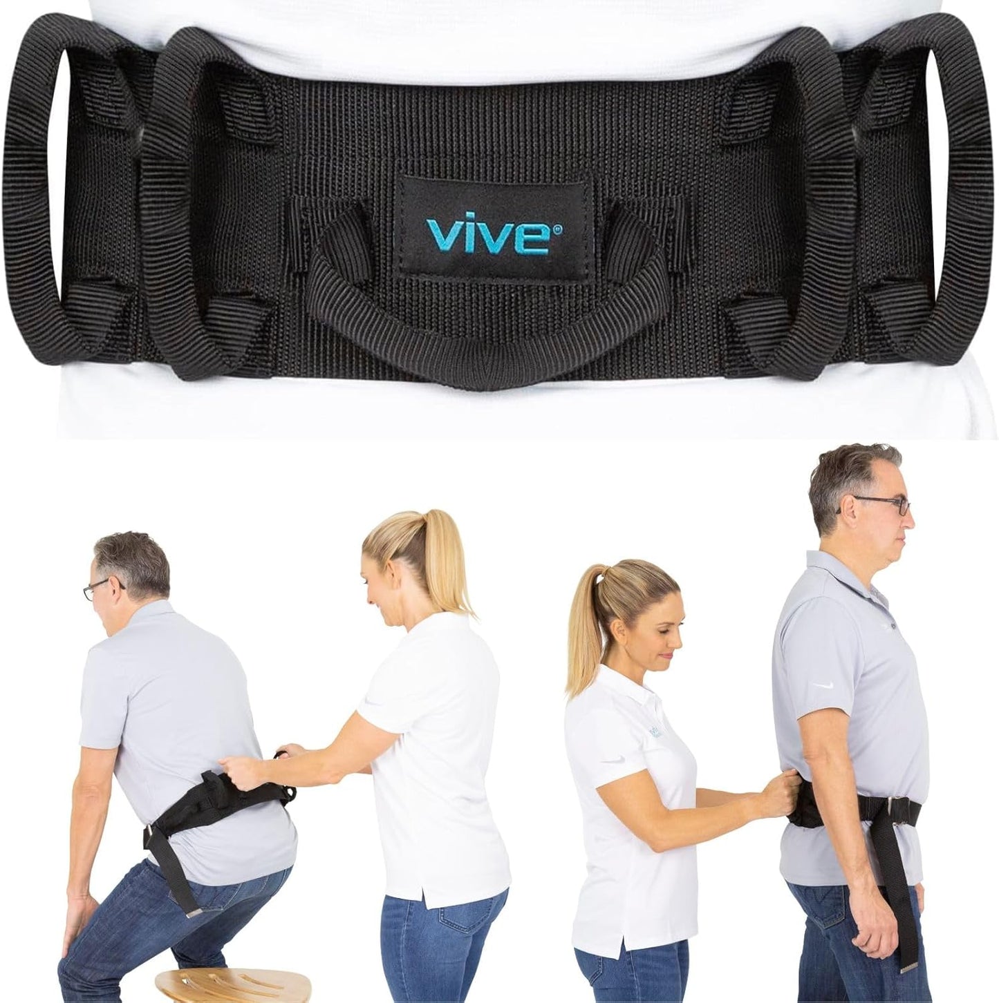 Vive Gait Belt (350lbs) Transfer Belt with Handles - Medical Nursing Safety Patient Assist - Bariatric, Elderly, Handicap, Physical Therapy - PT Gate Strap Quick Release Metal Buckle, Grabbing Teeth