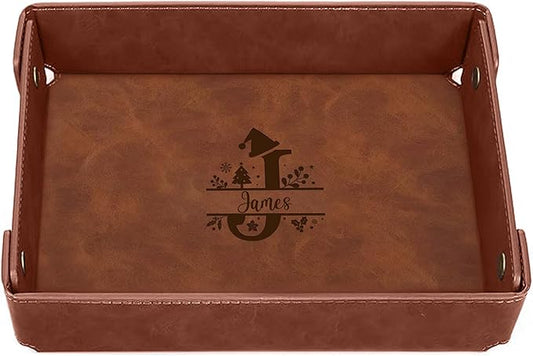 Engraved Christmas Light Coffee Leather Valet Tray â Personalized Rectangle Catchall Organizer for Wallet, Keys & Jewelry â Gift for Men, Dad, Couples â Dresser Top or Coffee Table Decor
