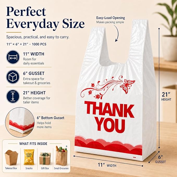 YoYoRain 1000PCS White “Thank You” T-Shirt Bags – Reusable & Disposable Grocery and Supermarket Shopping Bags, 11"x6"x21"