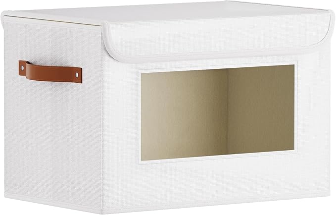 Fabric Storage Box, Storage Bin for Shelves Bedroom Office with Lid, Closet Organizer with Handles, White, 15 x 9.8 x 9.8 Inch, 1-Pack