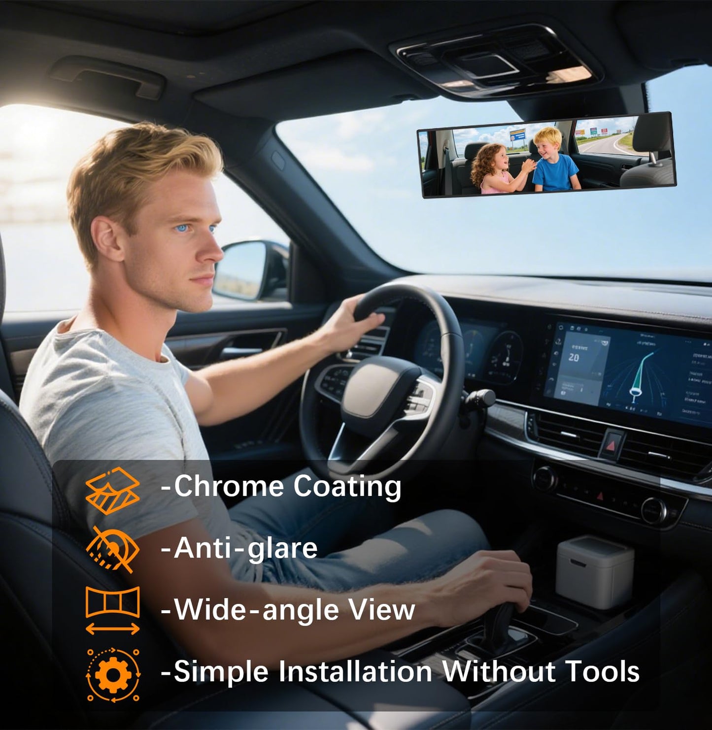 HmmtyRack Rear View Mirror, Chrome Anti-glare Panoramic Rear Mirrors Universal 14 Inch Convex Car Interior Clip on Extra Big Wide Angle Rearview Mirror Extender to Reduce Blind Spot for Car SUV Trucks