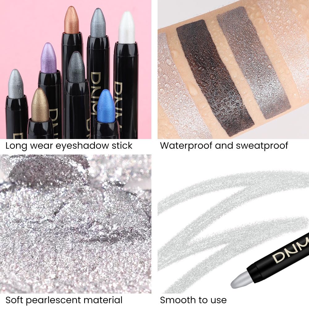 Kaely 4Pcs Metallic Shimmer Smoky Eye Shadow Sticks, Pearl White Dazzling Grey Gray Pearl Black Silver, Smokey Eyeliner Pencil Eyeshadow Palette Goth Halloween Makeup, Eye Brightener Stick for Women