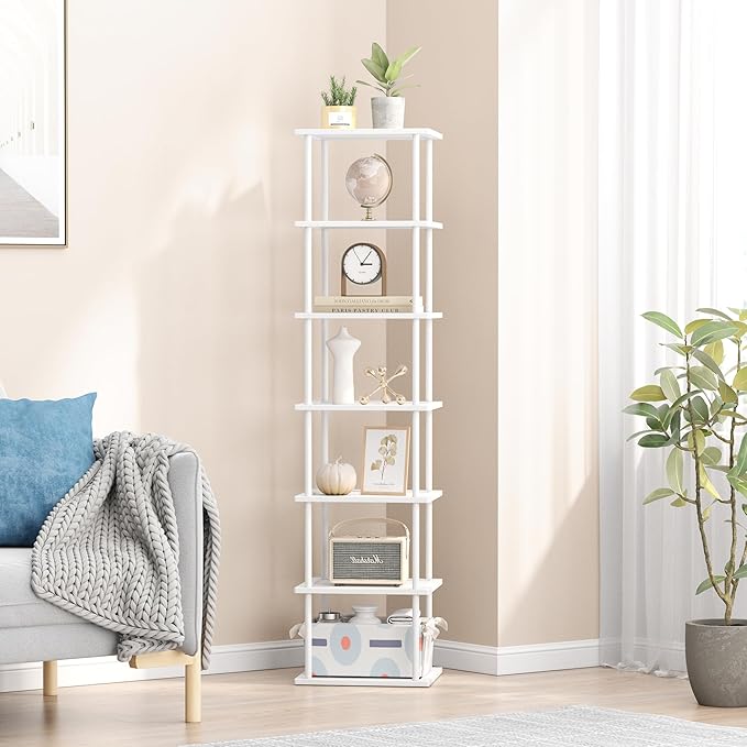 Bamboo Free Standing Shoe Rack Shelf Multi Tier Tall Wooden Stackable Shoes Rack Organizer for Closet Front Door Entrance Narrow Vertical Shoe Storage (White, 7 Tiers)