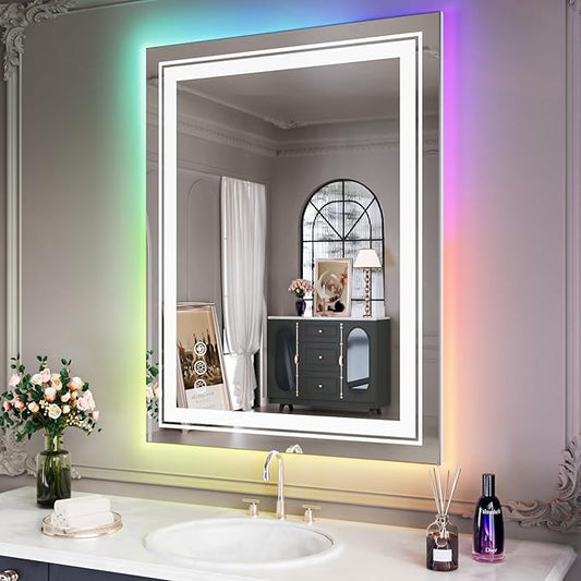 LED Mirror for Bathroom, 28"X36" with 8 RGB Backlit +3 Front Lit (Adjustable Individually), Anti-Fog, Lighted Bathroom Vanity Mirror for Wall, Shatterproof, Memory Function, Tempered Glass