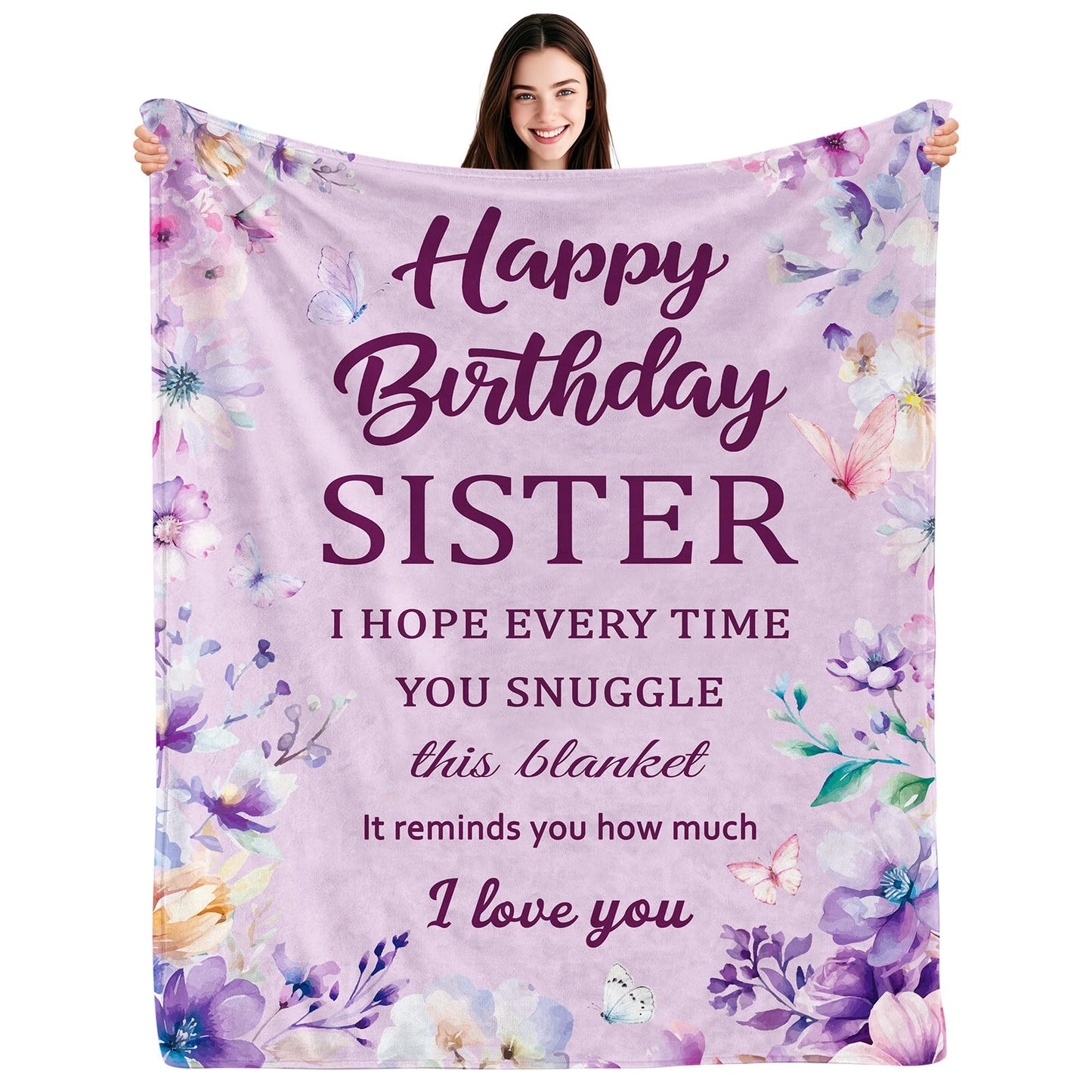 Happy Birthday Sister Blanket, Sisters Birthday Gifts, Gifts for Sister Birthdays, Sisters Gift from Sis, Birthdays Present for Sis Throw Blanket, Purple, 50"X60"