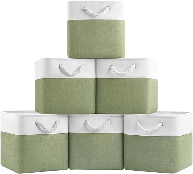 11 Inch Storage Cubes 6-Pack, Foldable Fabric Organizer Bins with Rope Handles, Cube Storage Baskets for Closet Shelves and Home Organization(White/Green)