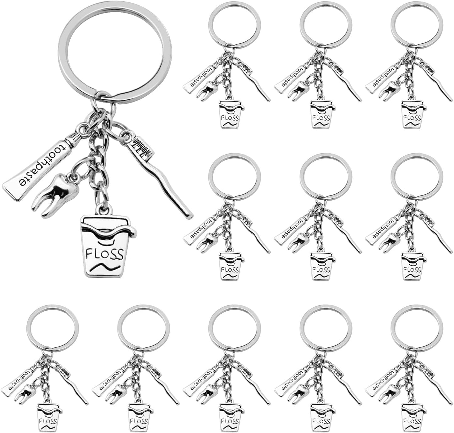 12Pcs Dental Keychain Alloy Dentist Keyring Toothbrush Toothpaste Dental Floss Charm Keychains for Women Men Gift or Graduation Gifts