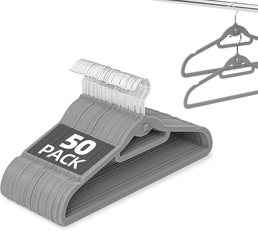 Velvet Hangers 50 Pack, Non Slip Stackable Clothes Hangers with Cascading Hooks, Ultra Thin and Space Saving Felt Hangers with Tie Bar, 360Â° Swivel Hooks, Heavy Duty for Suit Coat Shirt Pant- Gray