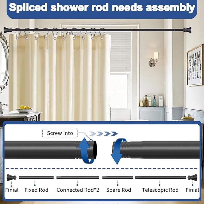 YNL Matte Black Shower Curtain Rod 36-84 Inch(3-7ft), No Slip No Drill Stainless Steel Spring Tension Curtain Rod, No Rust Shower Rod Adjustable For Bathroom Window Bedroom