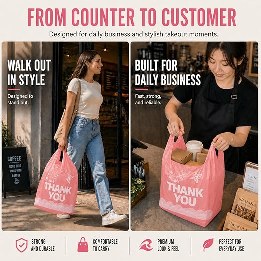 YoYoRain 800 Pack Pink Thank You T-Shirt Bags with Handles, 11"x6"x21" Durable HDPE Plastic Shopping Bags for Grocery, Retail, Takeout & Small Business