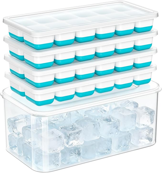 NFK Ice Cube Tray with Lid & Bin - 4 Pack Stackable Silicone Trays for Freezer with Storage Container, Leak-Proof Lids, BPA-Free, Easy Release for Kitchen, RV, Cocktail, Party, Coffee & Drinks