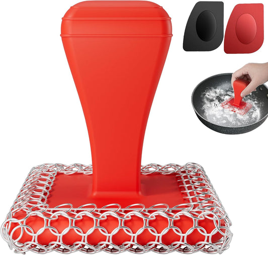 TOPULORS Cast Iron Scrubber Cleaner & 316L Stainless Steel Chainmail Scrubber with 2 Scrapers, Ergonomic Silicone Handle Brush for Pans Skillets Grills Dishes Cleaning - Non-Scratch Rust-Proof - Red
