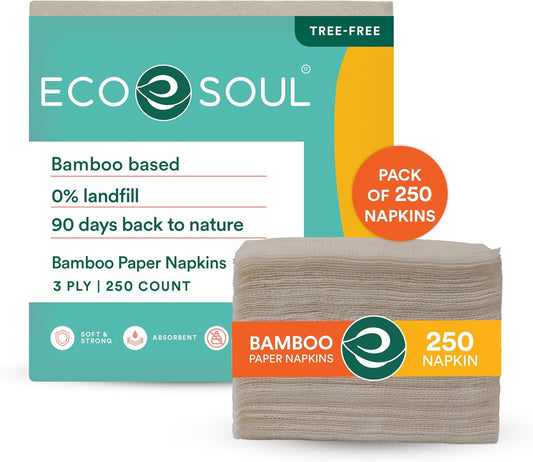 ECO SOUL 100% Compostable Bamboo Paper Napkin | Napkins Paper Everyday, Hand Paper Napkin (1, 250 Napkins set)