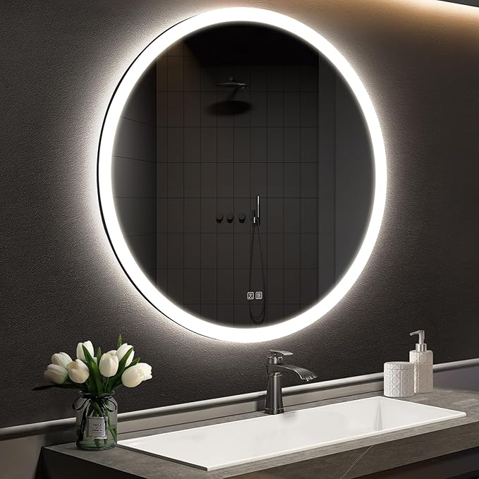APRILSOUL 36 Inch Round LED Bathroom Vanity Mirror with Front and Backlit, Led Mirror with Anti-Fog, 3 Colors and Dimmable Light