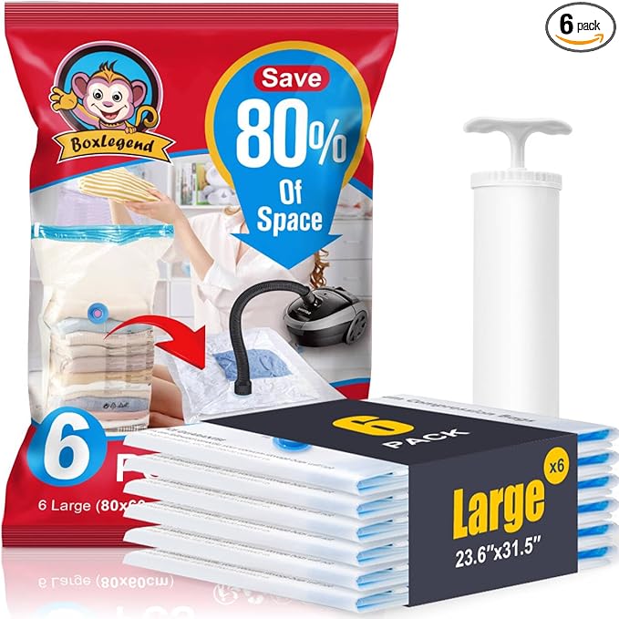 BoxLegend Vacuum Storage Bags with Hand Pump 6 Large 23.6ââx31.5ââ Thickened Vacuum Seal Bags for Clothing Coat Bedding Quilt Blanket Pillow Comforters