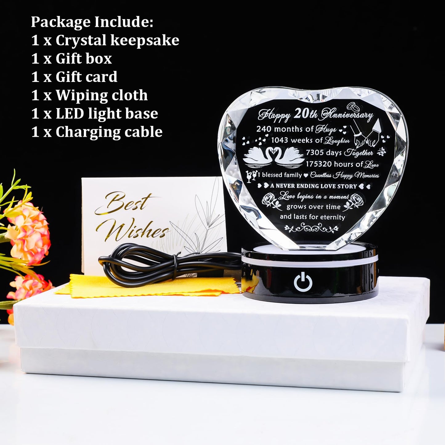 YWHL 20th Anniversary Crystal Heart Gifts for Wife Husband, Laser Engraved Romantic 20 Year Wedding Anniversary Crystal Keepsake Gifts for Her Him, 20 Years of Marriage Gift for Couples Friends
