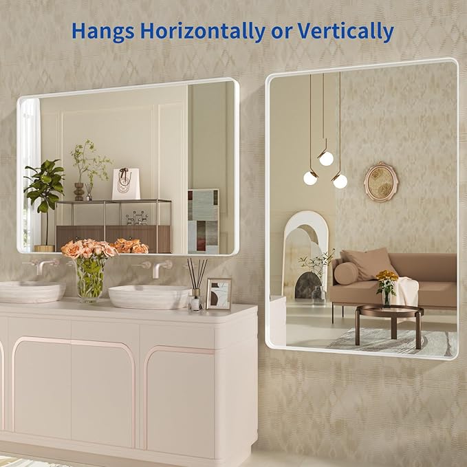 WEER White Bathroom Mirror 48X36 Inch, Rounded Rectangle White Metal Frame Mirror, Matte White Bathroom Vanity Mirror with Tempered Glass, Anti-Rust, Hangs Horizontally or Vertically