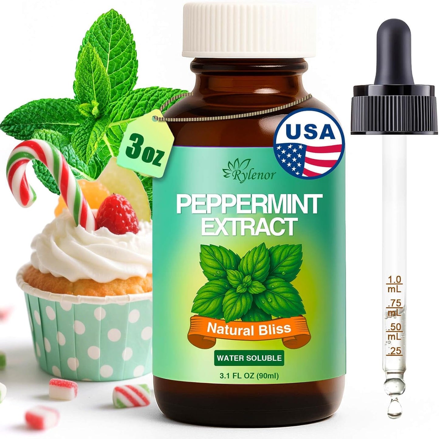 Rylenor 3 oz Peppermint Extract, Pure Mint Extract for Ice Cream, Baking, Drinks, Candy - Water-Soluble - Peppermint Flavoring Food Grade - No Sugar or Additives, Includes Measured Dropper