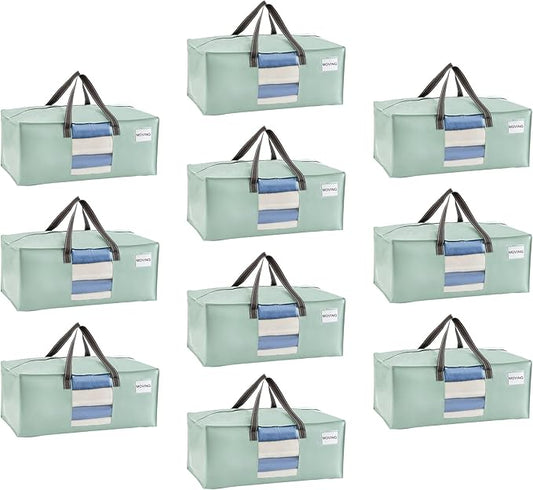VENO 10 Pack Heavy Duty Moving Bags, Christmas Storage Bins with Lids, Transparent Window Design, Alternative to Moving Boxes, Storage Bags for Clothes, Blankets, Comforters(Shiny Light Green,10 Pack)