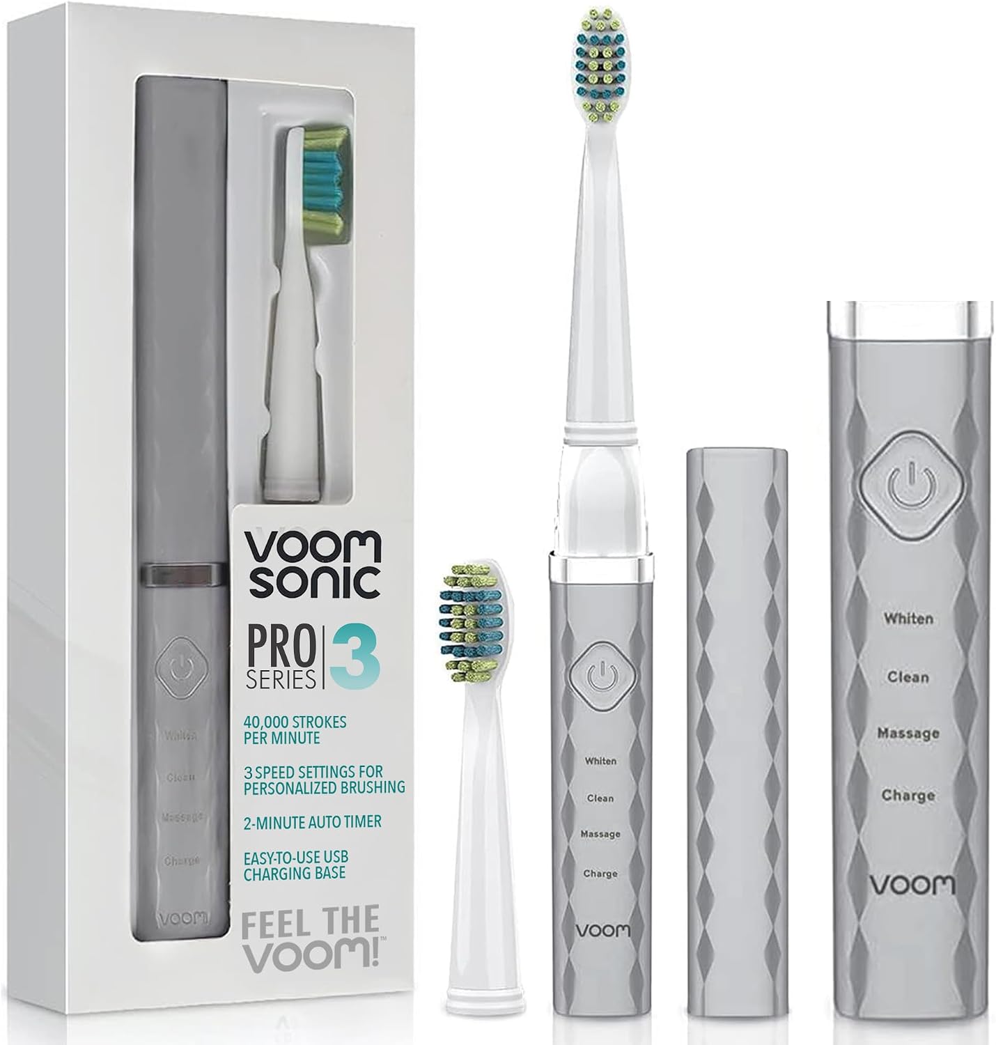 Voom Sonic Pro 3 Rechargeable Electric Toothbrush With Soft Dupont Nylon Bristles Dentist Recommended Portable Oral Care 2-Minute Timer 3 Adjustable Speeds Light Weight Design - Silver