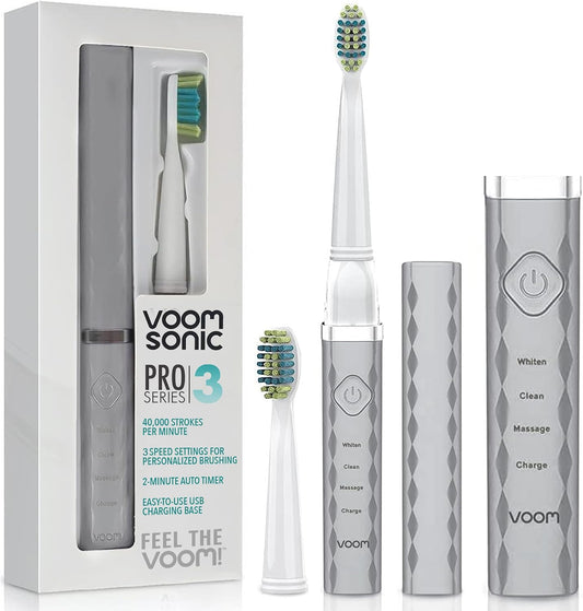 Voom Sonic Pro 3 Rechargeable Electric Toothbrush With Soft Dupont Nylon Bristles Dentist Recommended Portable Oral Care 2-Minute Timer 3 Adjustable Speeds Light Weight Design - Silver